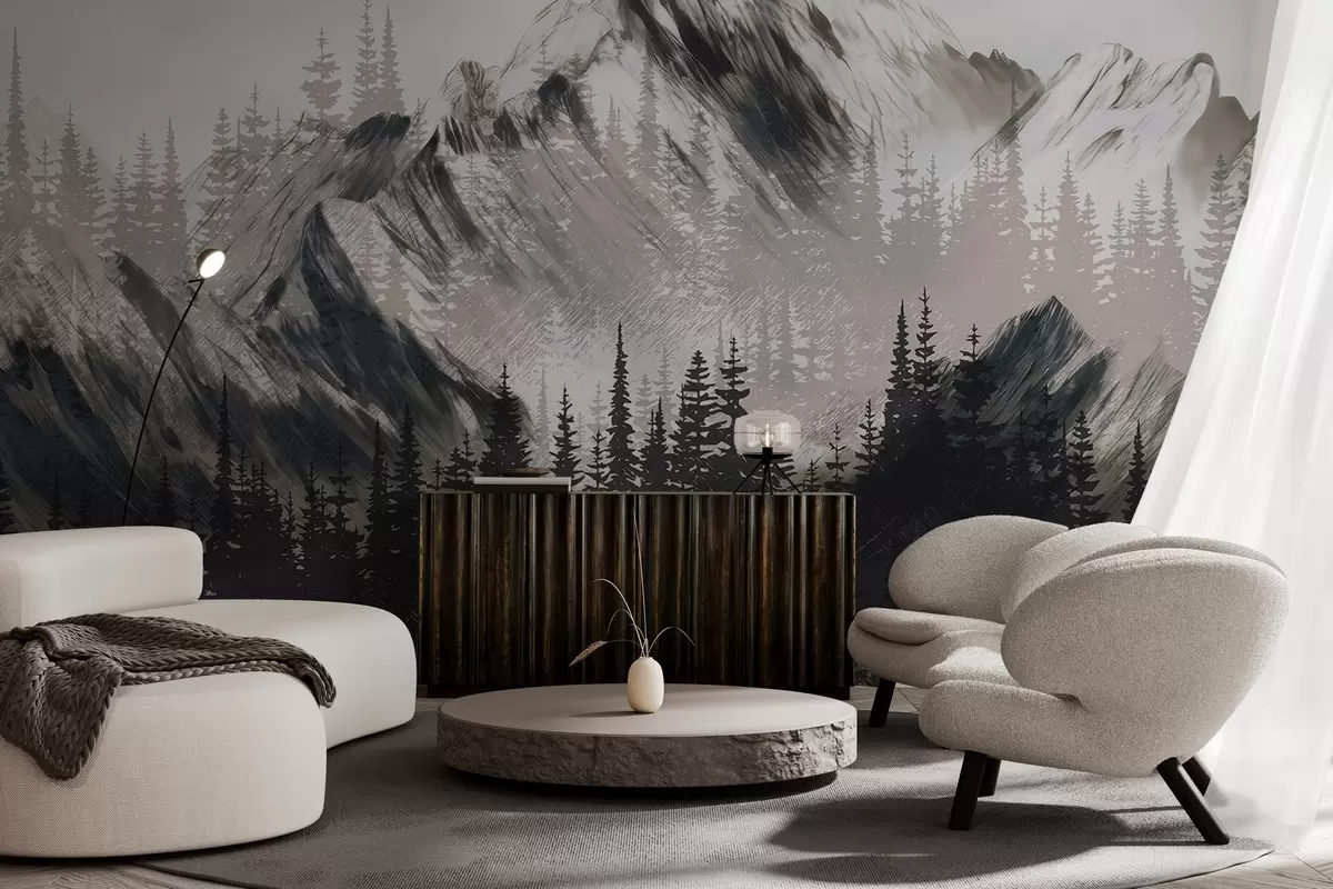murales de pared Montañas y bosques de coníferas w04666