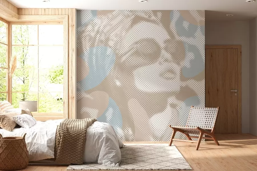 murales de pared retrato de una mujer sobre un fondo de leopardo en estilo punteado en tonos beige y azul w04630