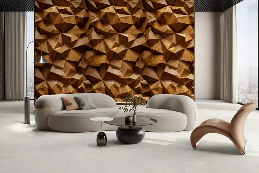 murales de pared imitación de una pared con relieve angular hecha de madera w04632