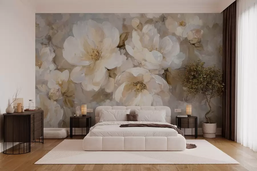 murales de pared flores grandes en tonos blancos y beige al estilo de la pintura al óleo w04633