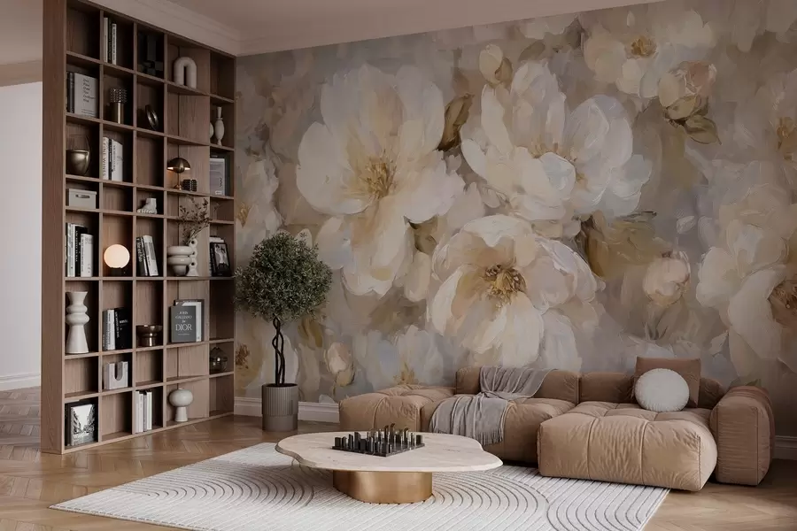 murales de pared flores grandes en tonos blancos y beige al estilo de la pintura al óleo w04633