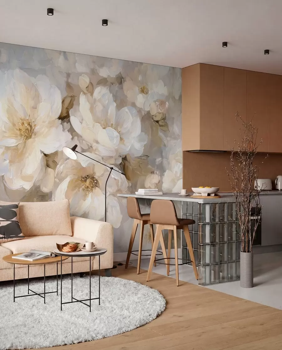 murales de pared flores grandes en tonos blancos y beige al estilo de la pintura al óleo w04633
