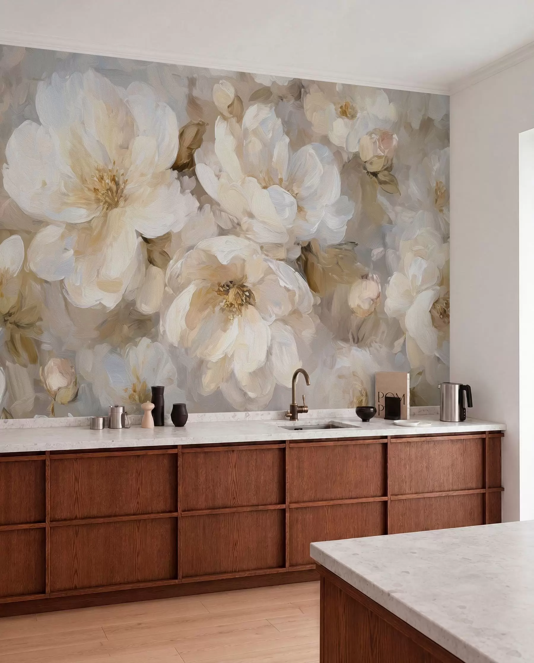 murales de pared flores grandes en tonos blancos y beige al estilo de la pintura al óleo w04633