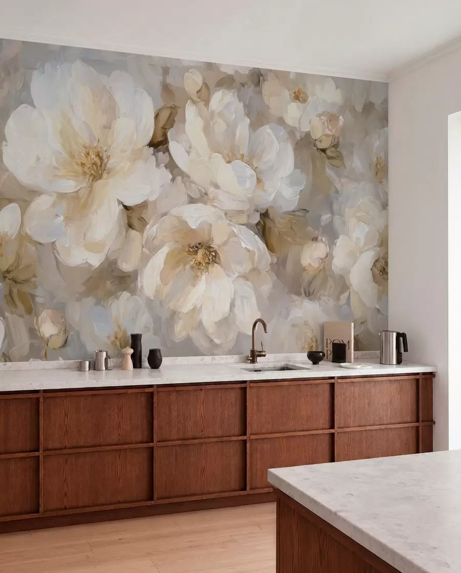 murales de pared flores grandes en tonos blancos y beige al estilo de la pintura al óleo w04633