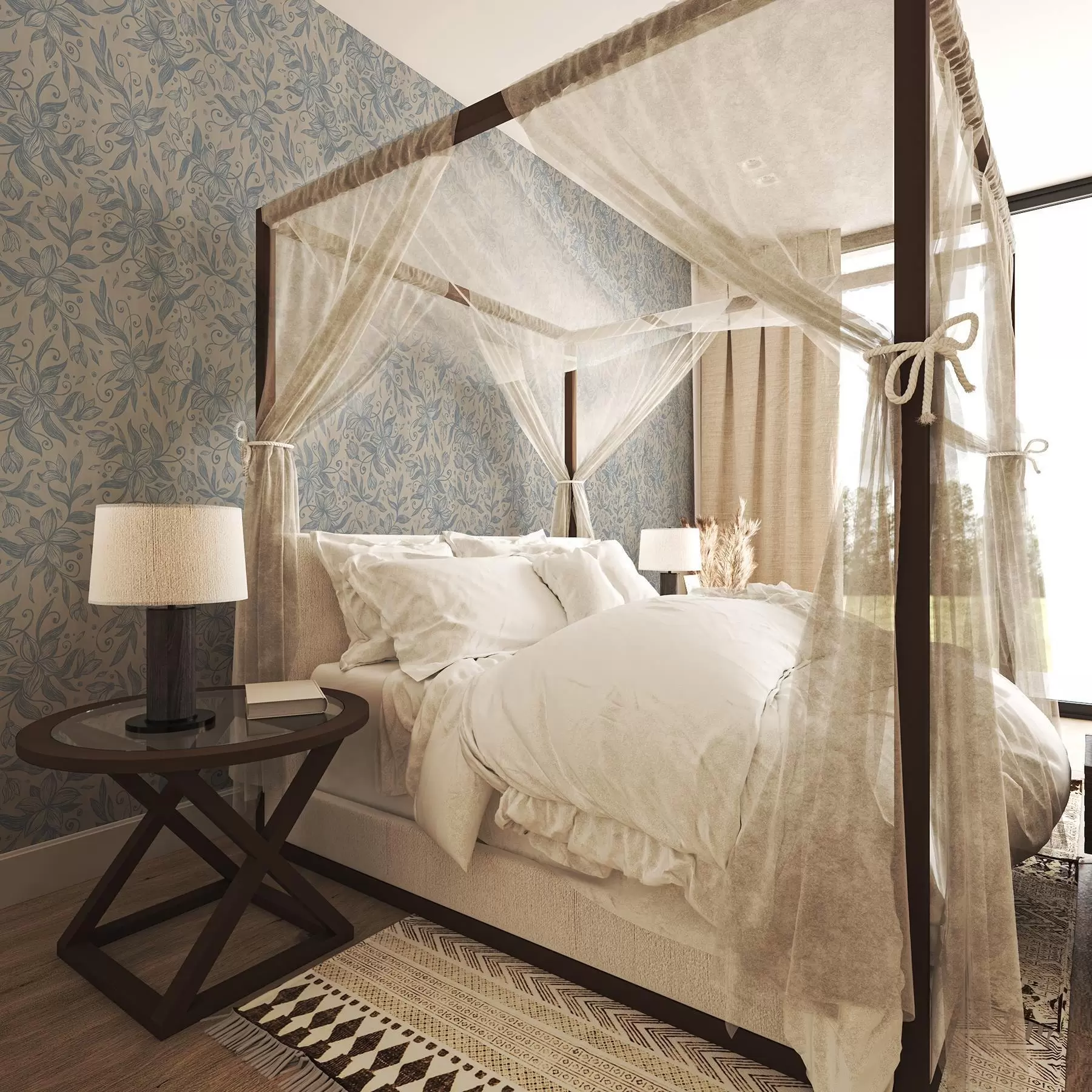 murales de pared Estampado floral lineal azul sobre fondo beige cálido a00630v2