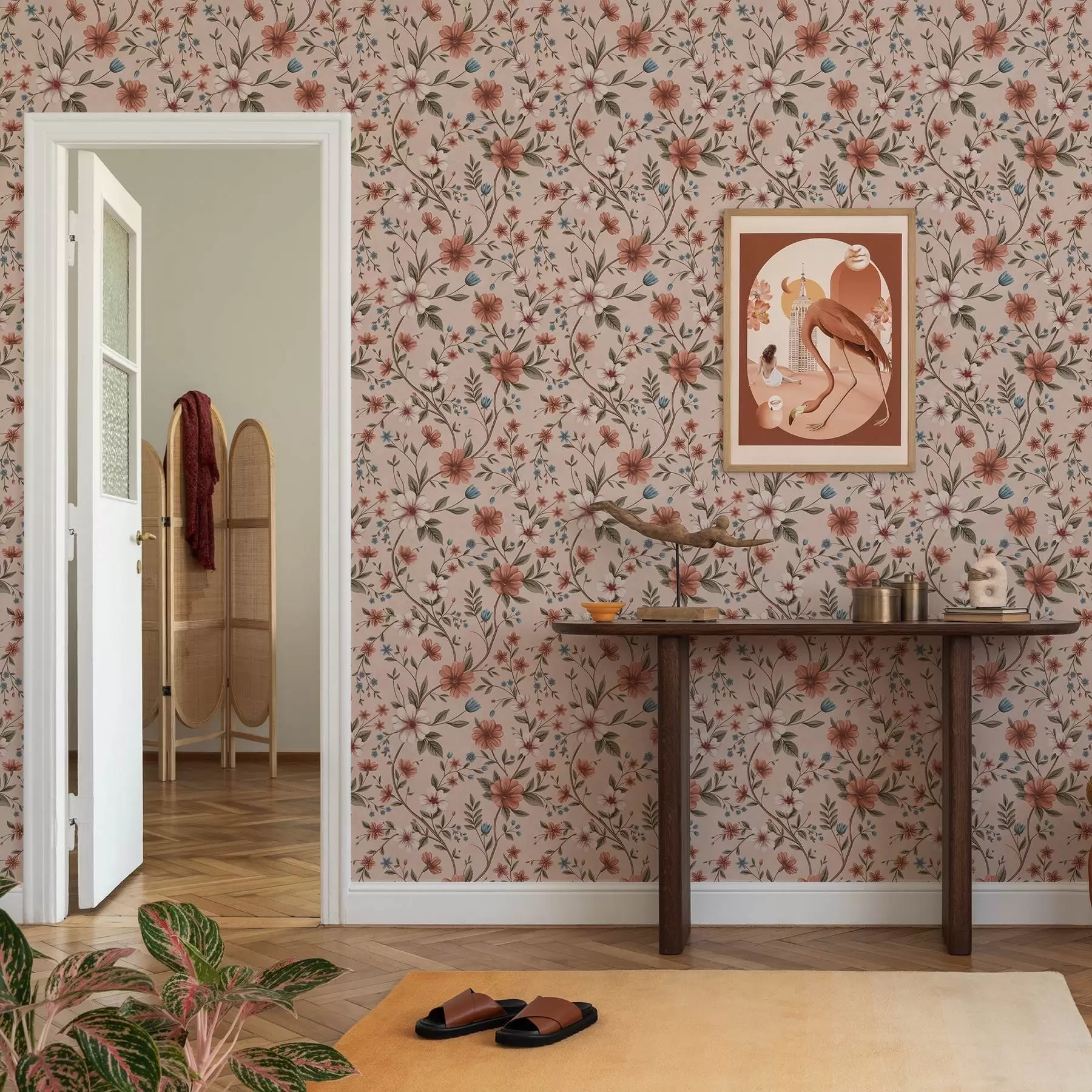 murales de pared Flores y follaje de color rosa coral sobre fondo rosa empolvado a00667