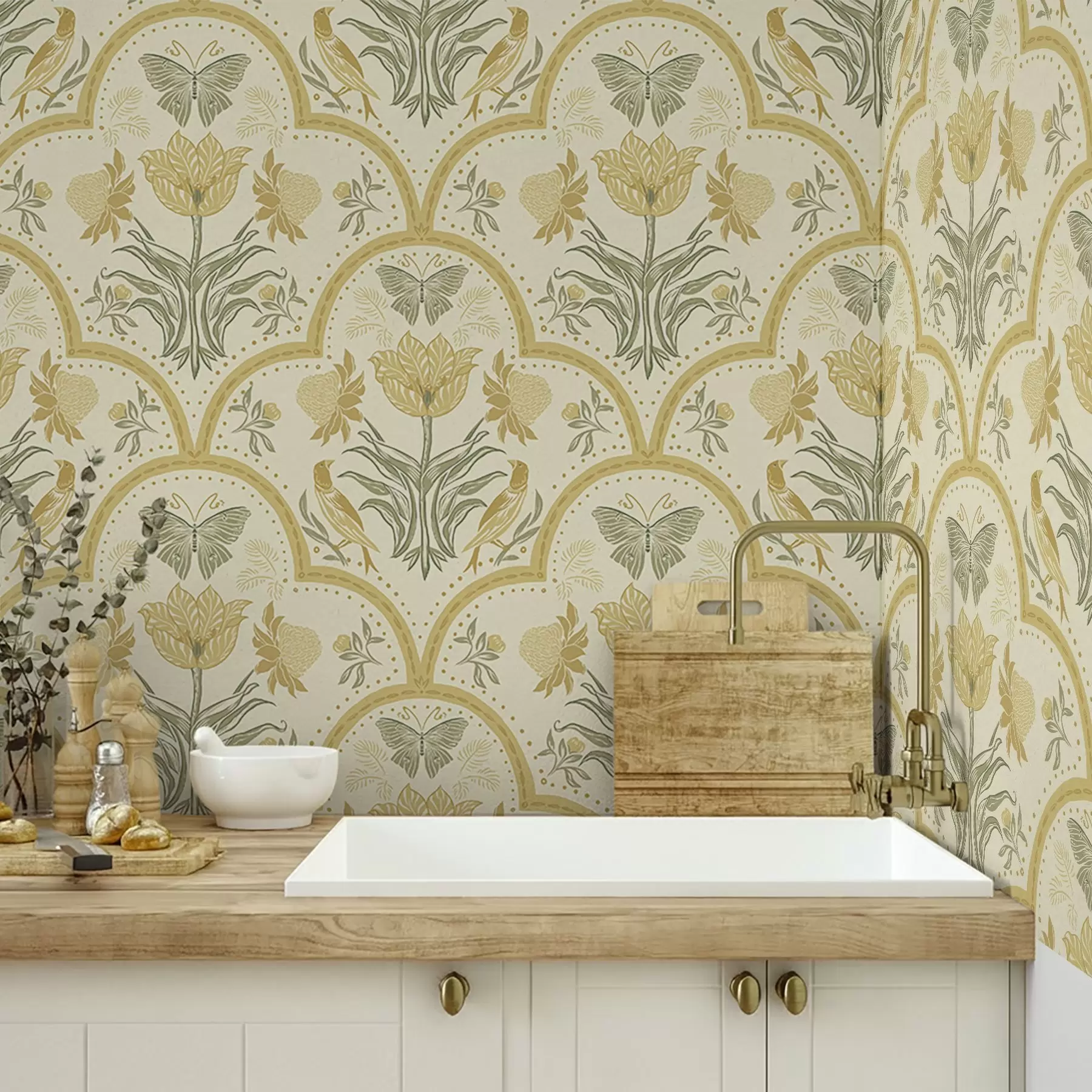 murales de pared Adorno con tulipán, pájaros y mariposas, ocre a00722