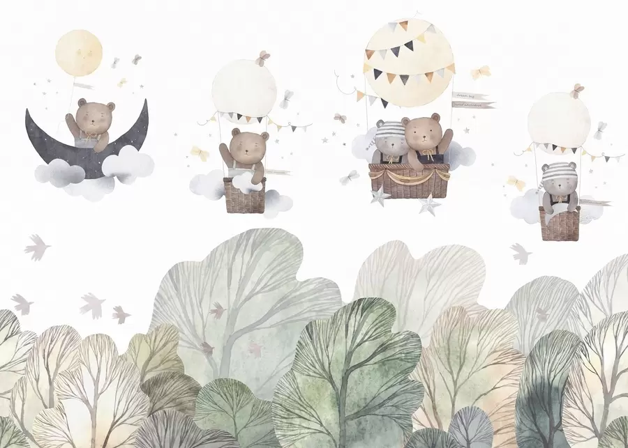 murales de pared Globos estilo acuarela con osos sobre el bosque w09437