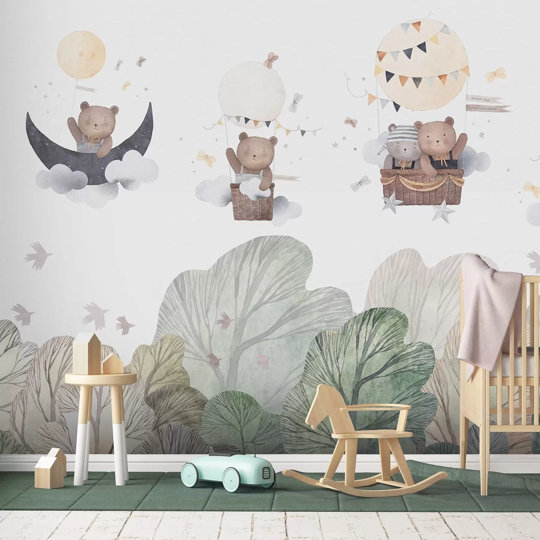 murales de pared Globos estilo acuarela con osos sobre el bosque w09437