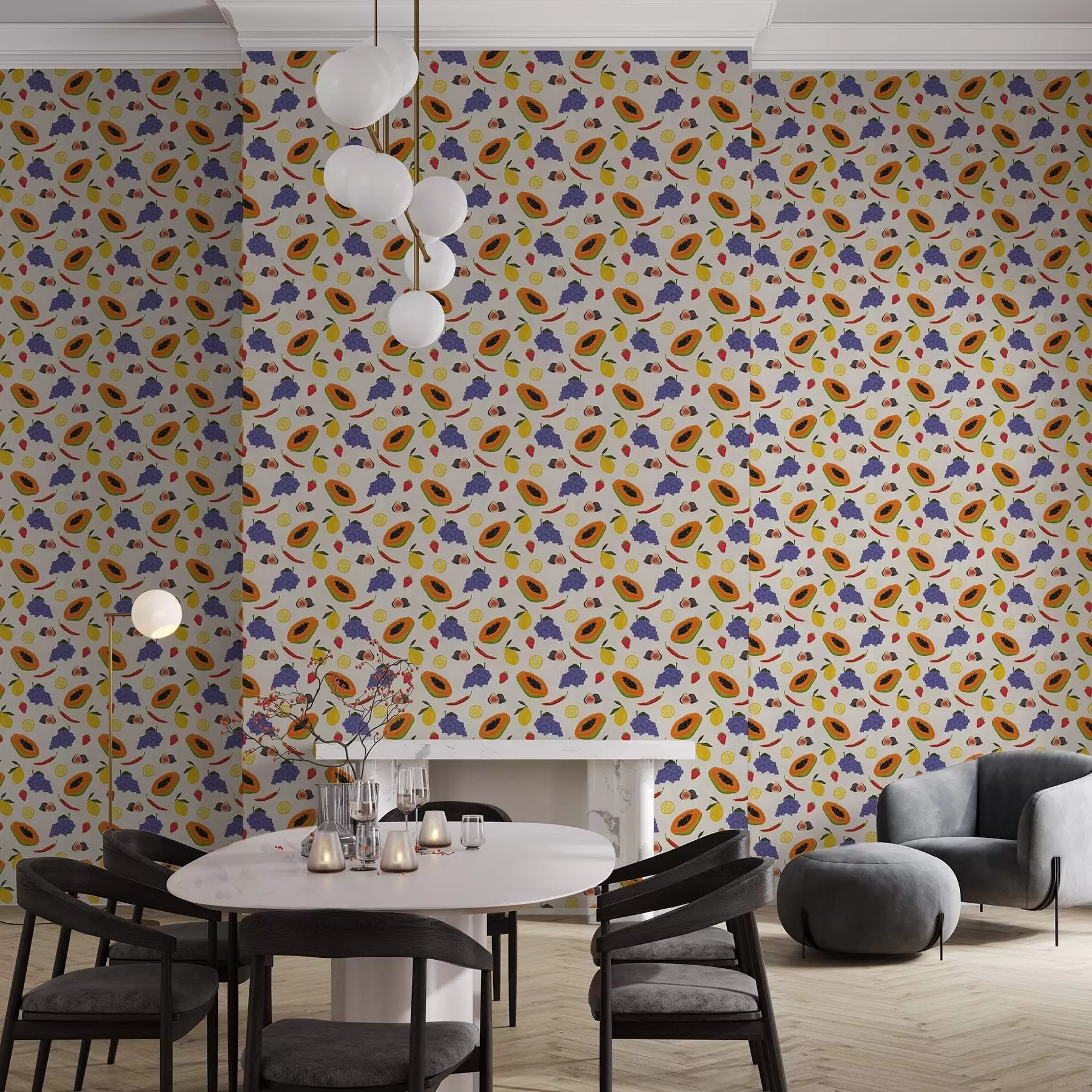 murales de pared Papaya, uvas y limones: una mezcla de frutas de colores vivos a00803