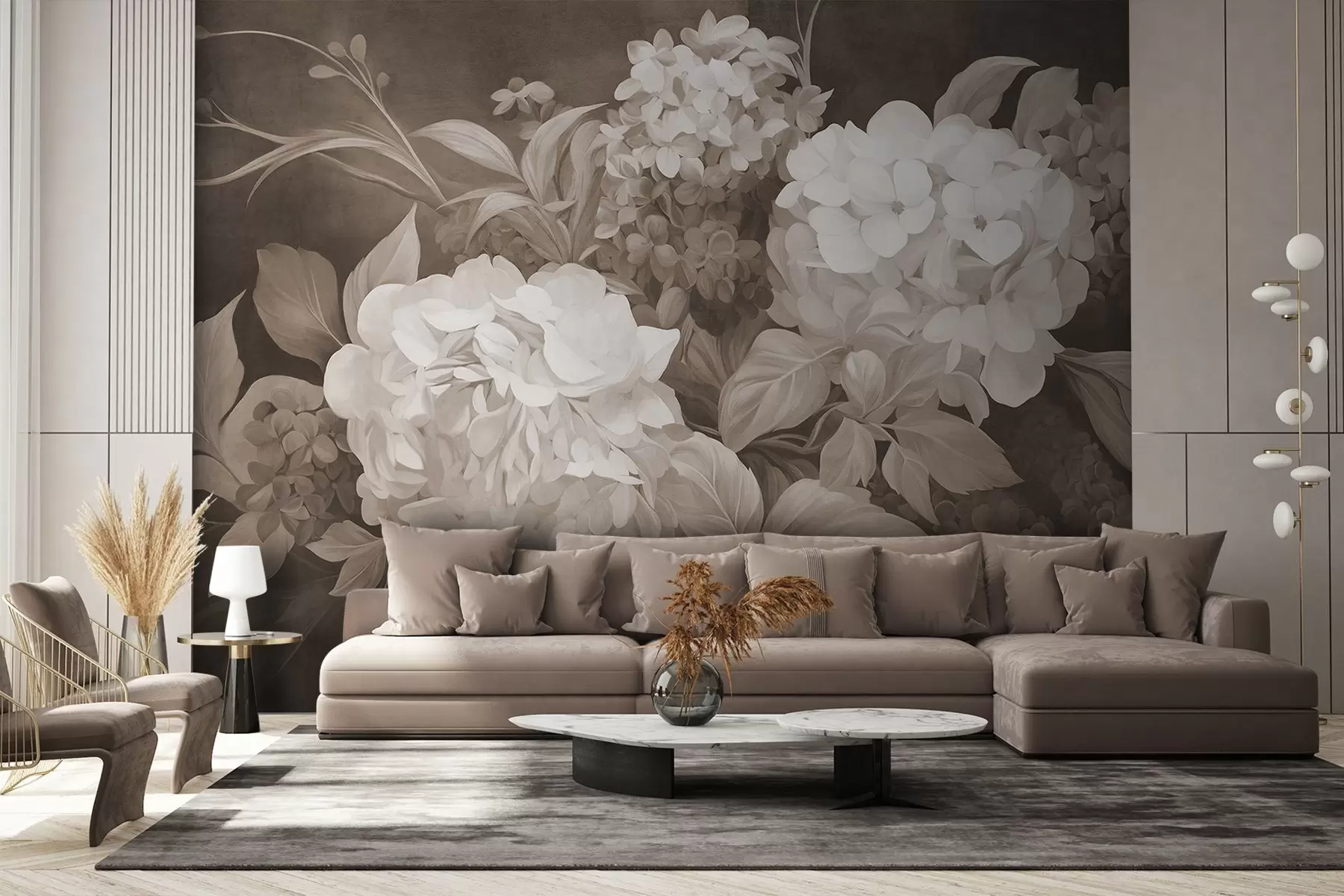 Murales de pared Pintura texturizada en sepia imitando flores de hortensias con hojas grandes, fondo abstracto y oscuro w09465 murales de pared Pintura texturizada en sepia imitando flores de hortensias con hojas grandes, fondo abstracto y oscuro w09465