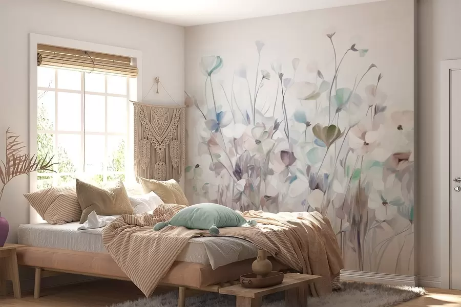 murales de pared Campo abstracto de flores azules y marrones con tallos largos y hojas, texturizado, colores pastel y apagados w09466v1