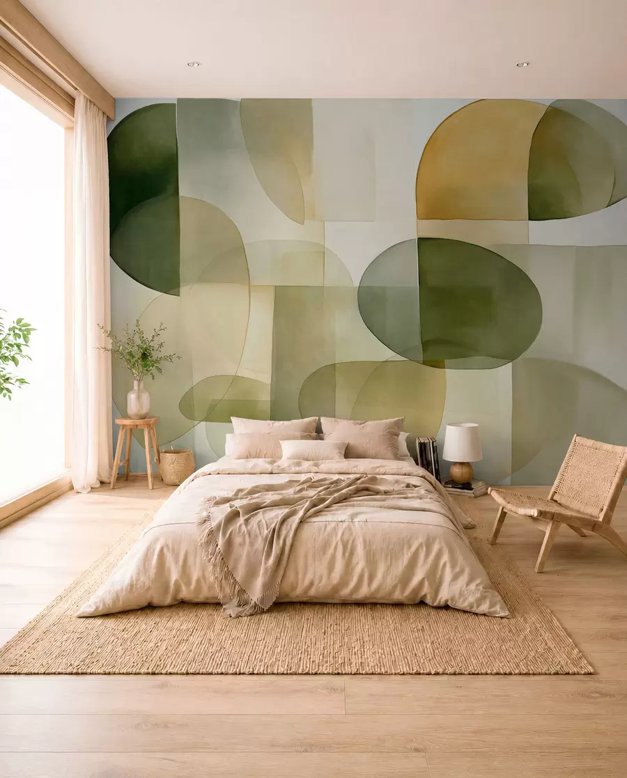 murales de pared Formas abstractas con textura en tonos verdes y amarillos, colores apagados, composición minimalista, fondo neutro w09467