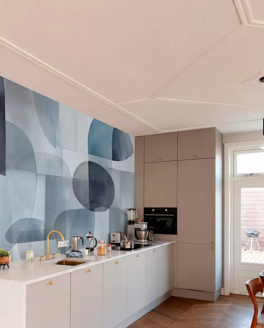 murales de pared Formas abstractas con textura en tonos grises y azules, tonos apagados, composición minimalista, fondo neutro w09467v1