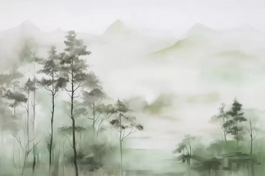 murales de pared Paisaje brumoso con árboles altos y montañas en tonos verdes y grises apagados, estilo minimalista, texturizado w09469