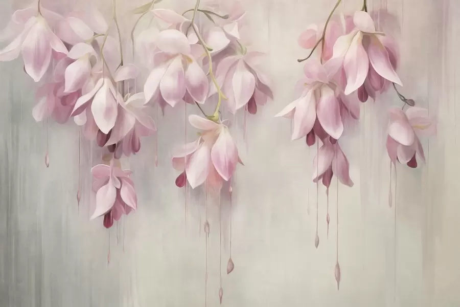 murales de pared Flores rosas colgantes, fondo gris claro, arreglo floral con textura, arte botánico, colores pastel w09471