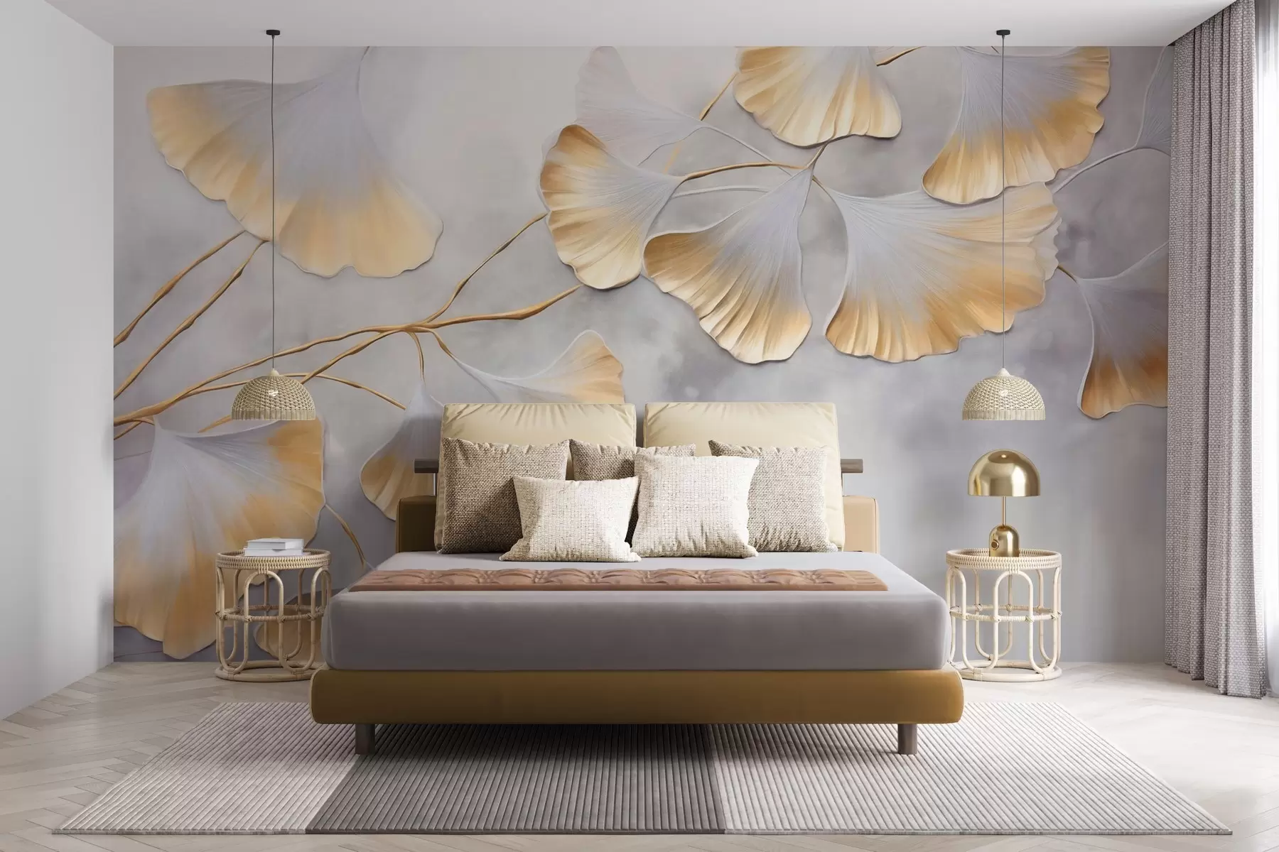 murales de pared Hojas de ginkgo biloba con bordes amarillos en una rama, fondo gris texturizado, diseño elegante y minimalista w09472