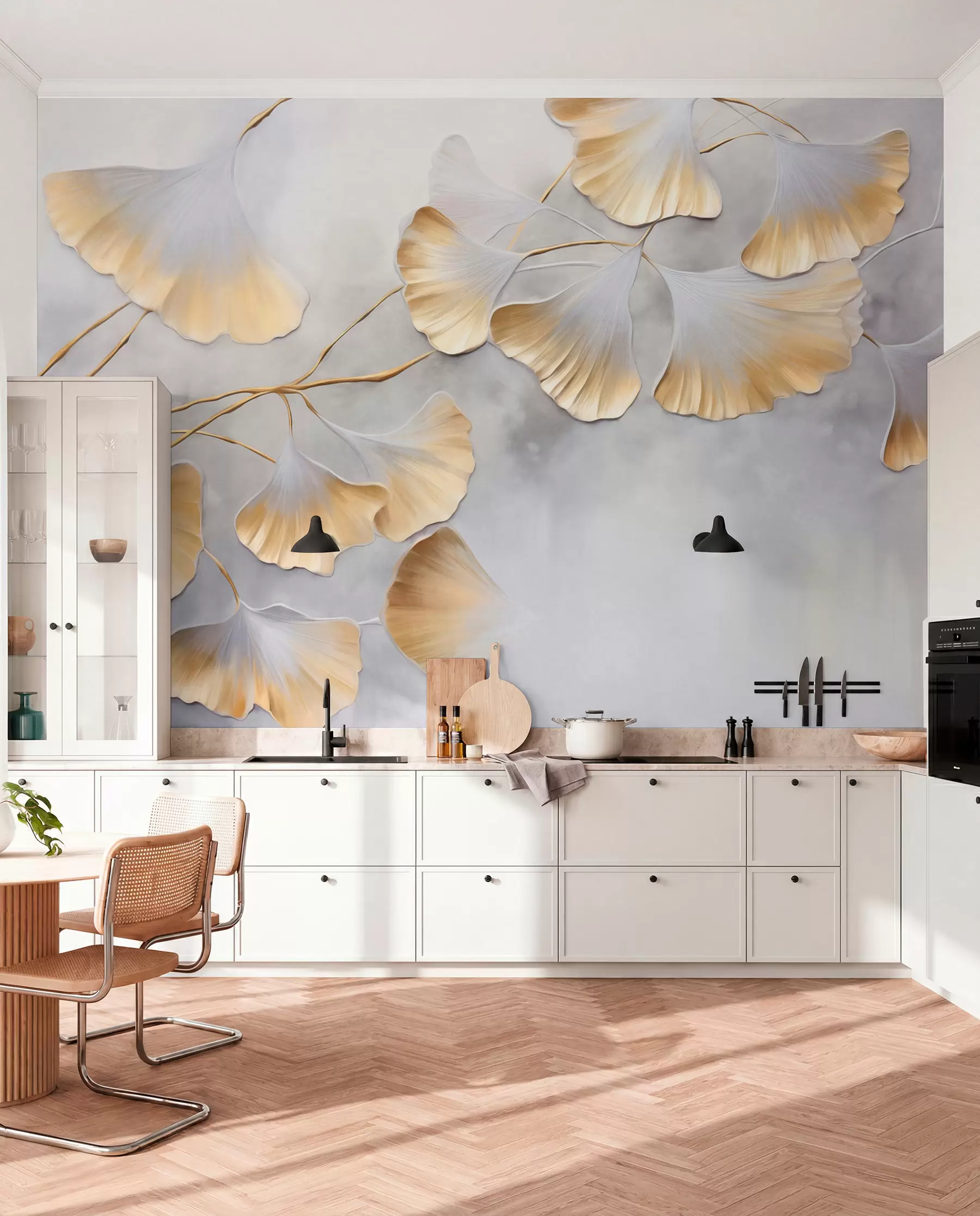 murales de pared Hojas de ginkgo biloba con bordes amarillos en una rama, fondo gris texturizado, diseño elegante y minimalista w09472