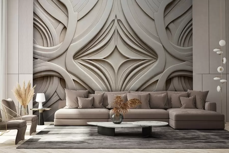 murales de pared Estampado geométrico abstracto simétrico con textura, color beige claro, estilo art déco, detalles intrincados w09473