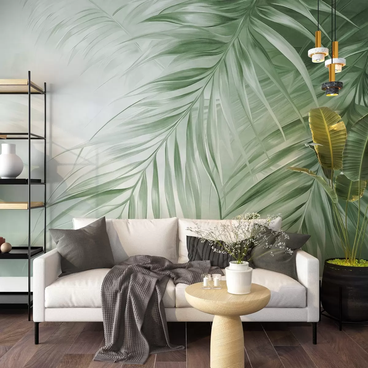 murales de pared Hojas de palmera con tonos verdes, fondo con textura ligera y colores suaves, elegante estilo tropical w09475v2