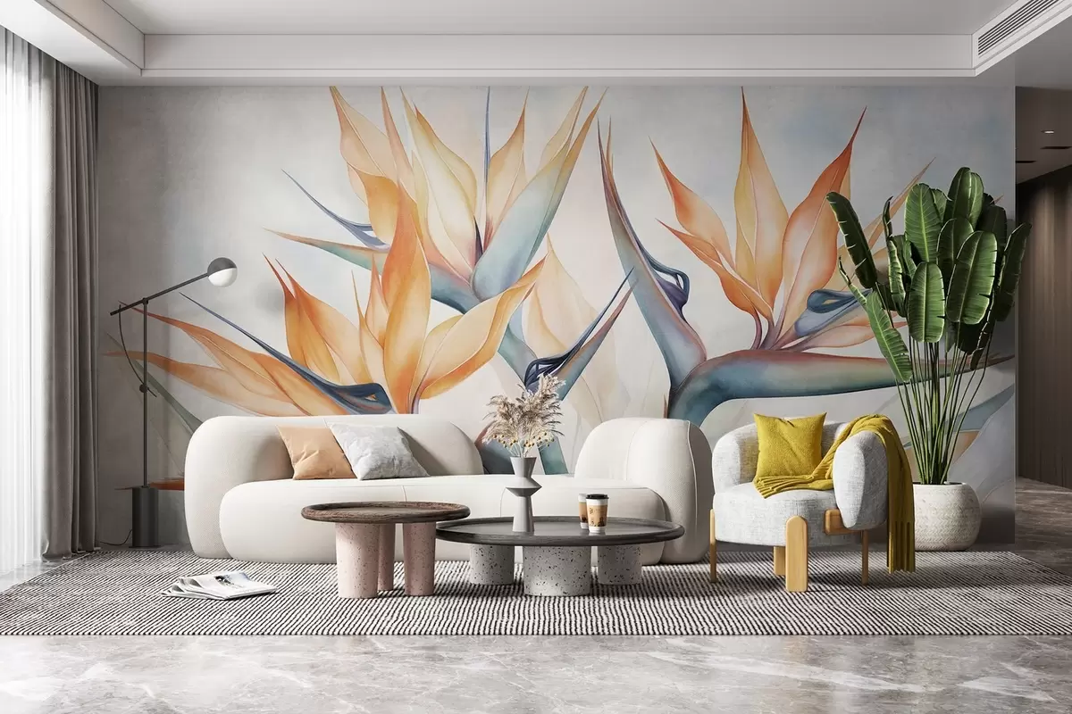 murales de pared Flor del ave del paraíso, strelitzia con pétalos naranjas, estilo texturizado en acuarela suave, fondo claro w09483