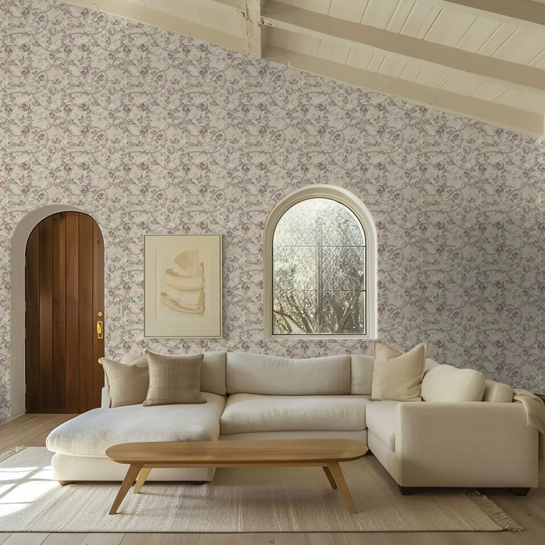 murales de pared Rosas con hojas verdes sobre un fondo beige cálido a00729