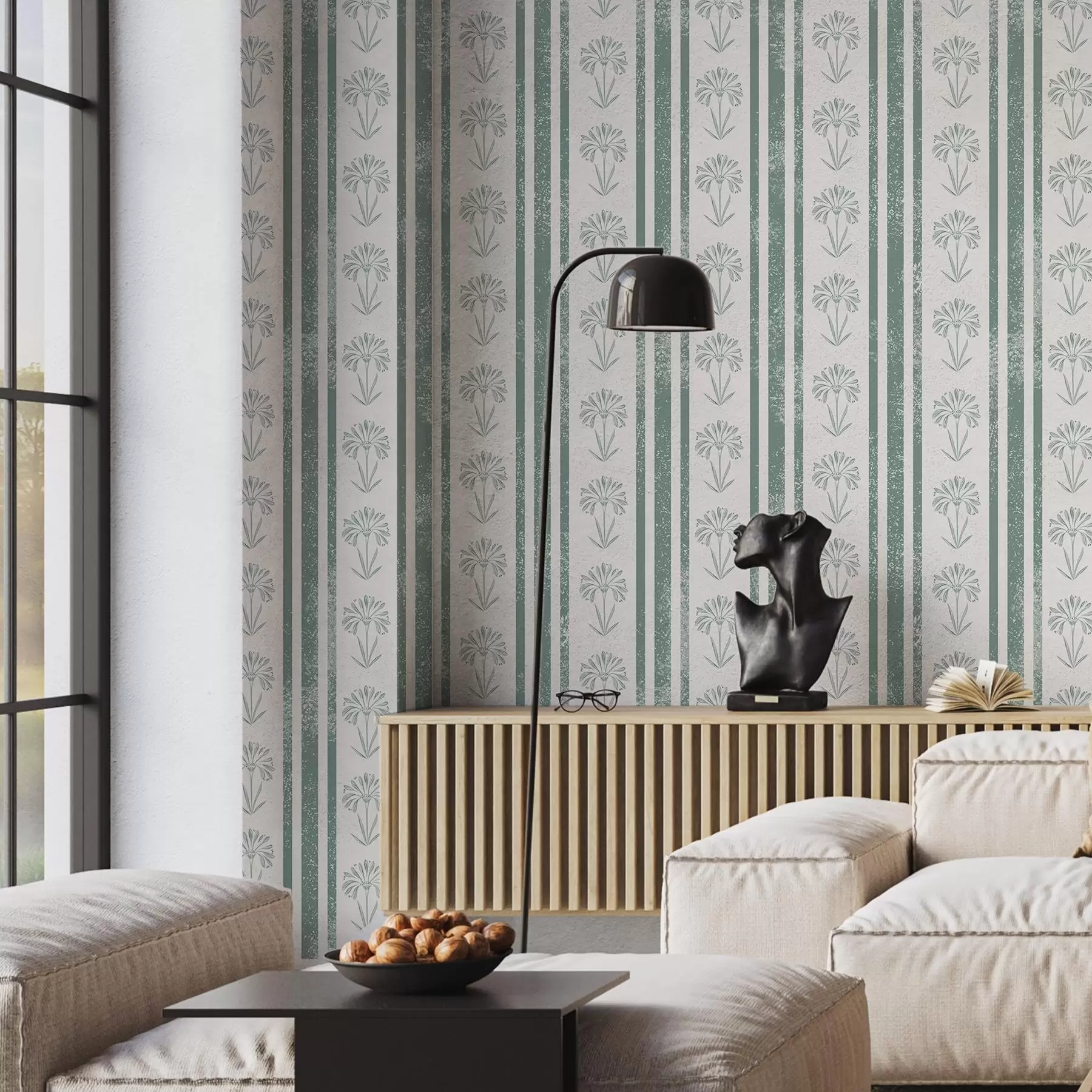 murales de pared Patrón de cinta con flores en tonos verdes a00732