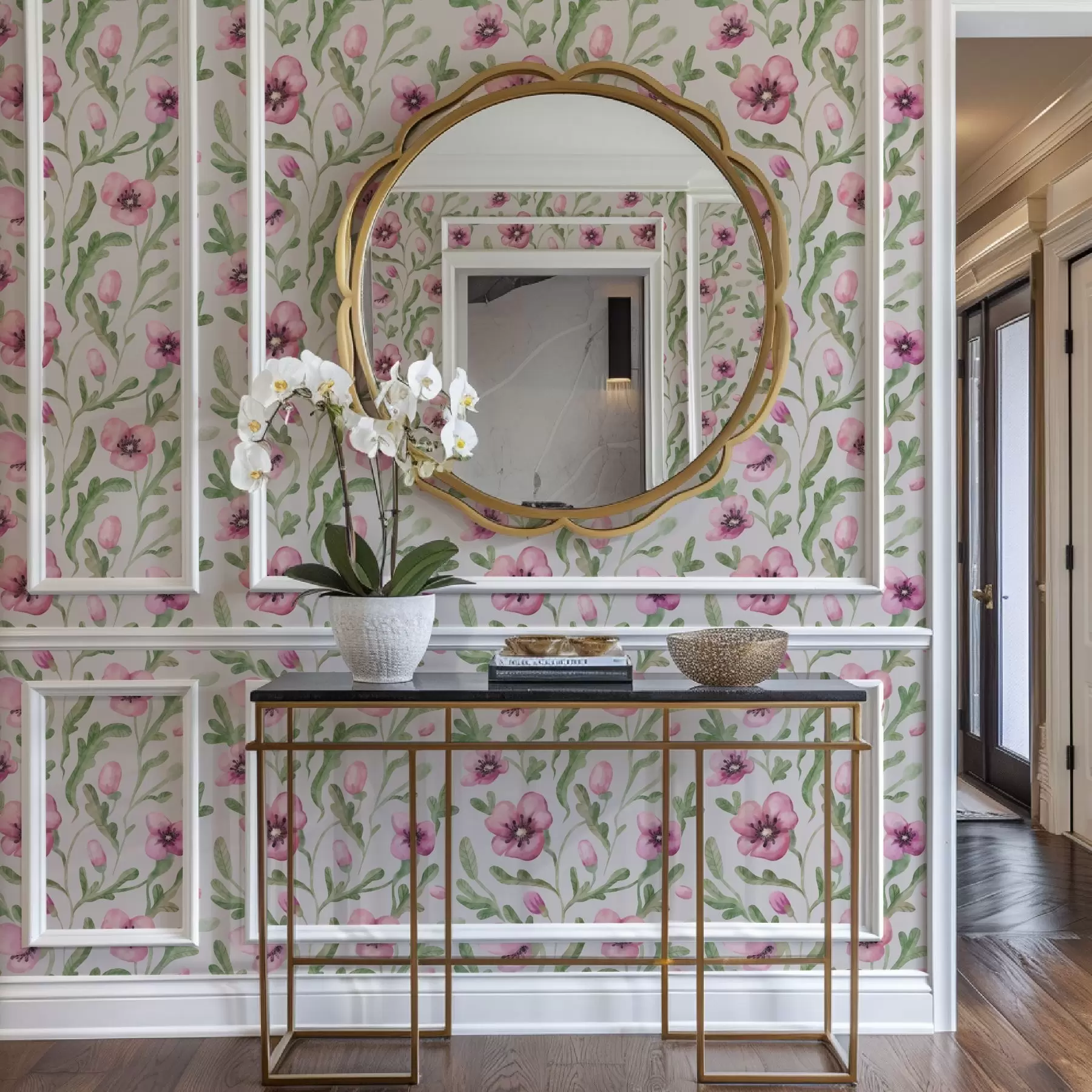 murales de pared Delicadas amapolas rosas con hojas en técnica acuarela a00830