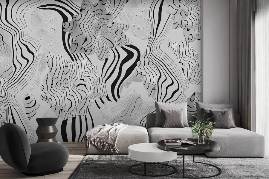 murales de pared formas orgánicas abstractas en estilo 3D en tonos blancos y grises con rayas negras w04627