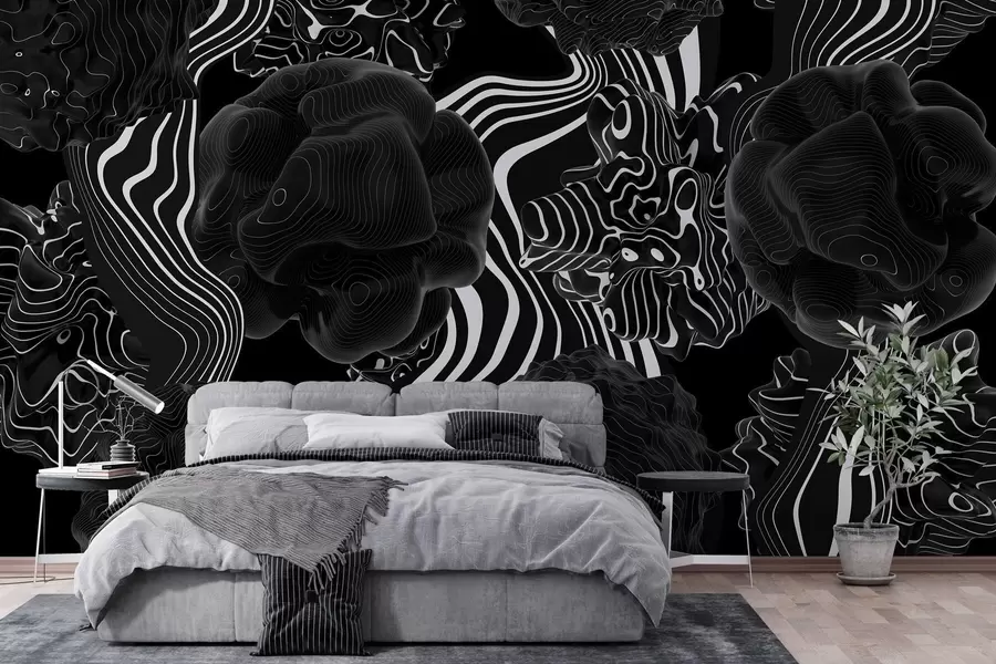 murales de pared formas orgánicas abstractas en estilo 3D en tonos negros con rayas blancas w04628