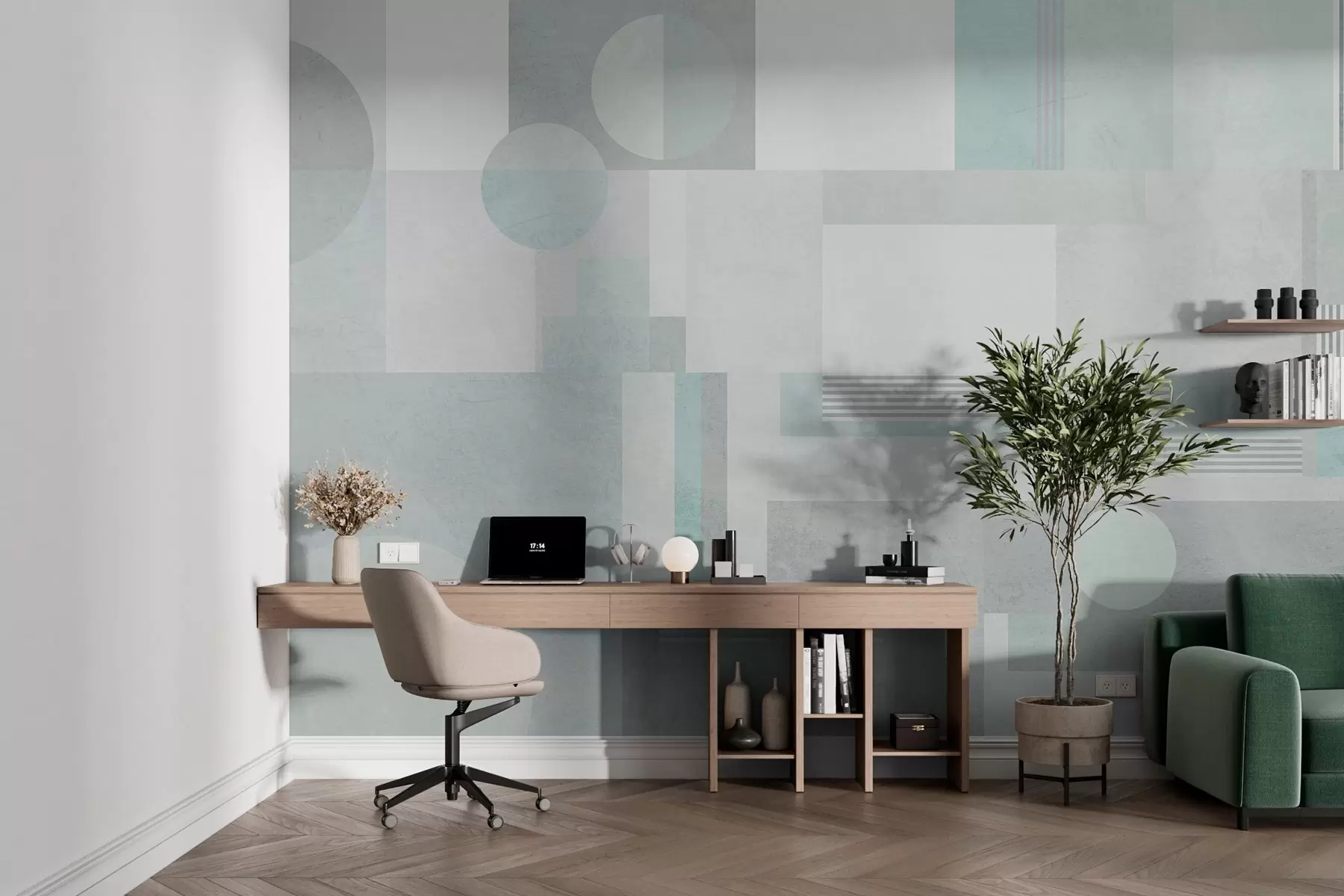 murales de pared geometría abstracta en tonos gris verdosos w04635v3