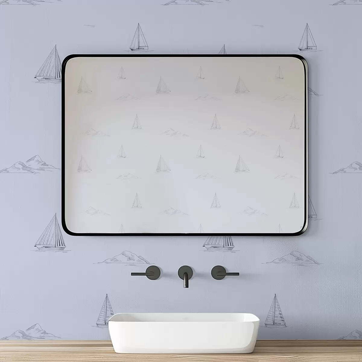 Papel pintado Bocetos de yates e islas, fondo azul a00654v3