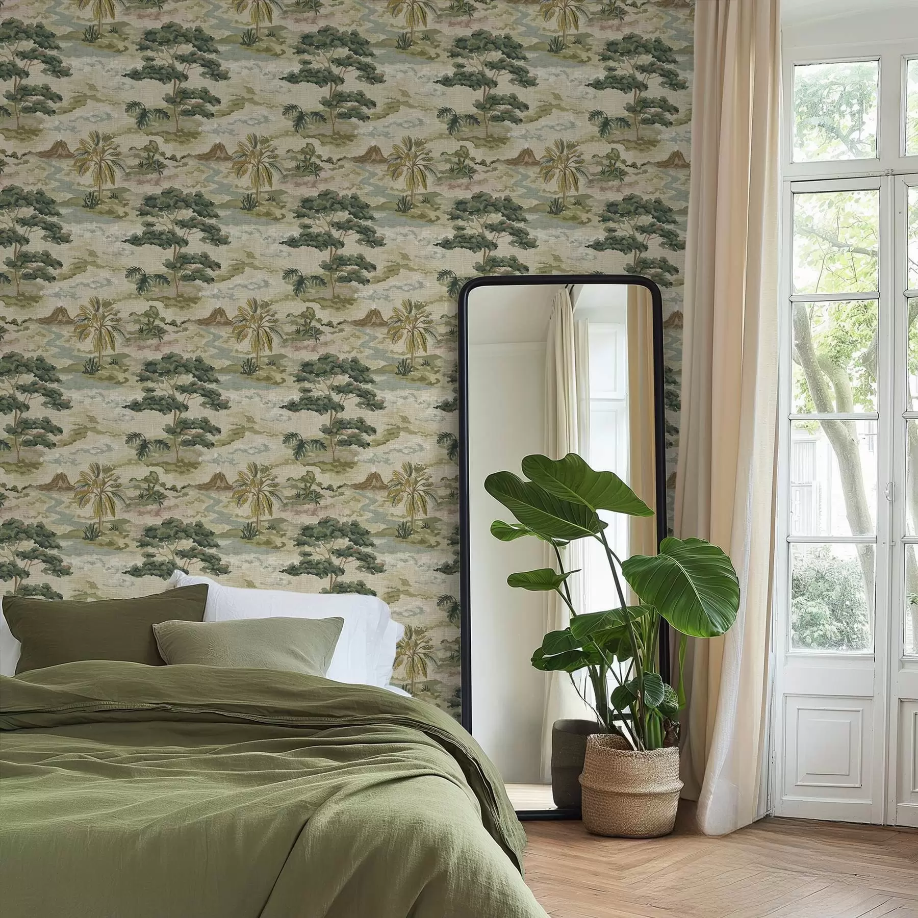 murales de pared Paisaje con río, árboles y palmeras en tonos suaves a00736