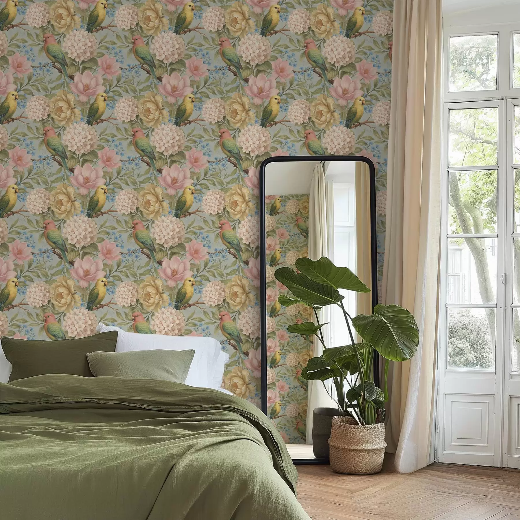 murales de pared Loros entre peonías, hortensias y magnolias a00747