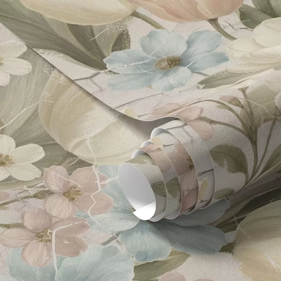 murales de pared Tulipanes y flores en tonos pastel sobre un fondo claro agrietado a00756