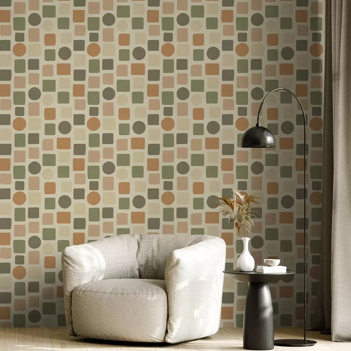 Papel pintado Patrón geométrico de cuadrados y círculos en tonos cálidos a00759