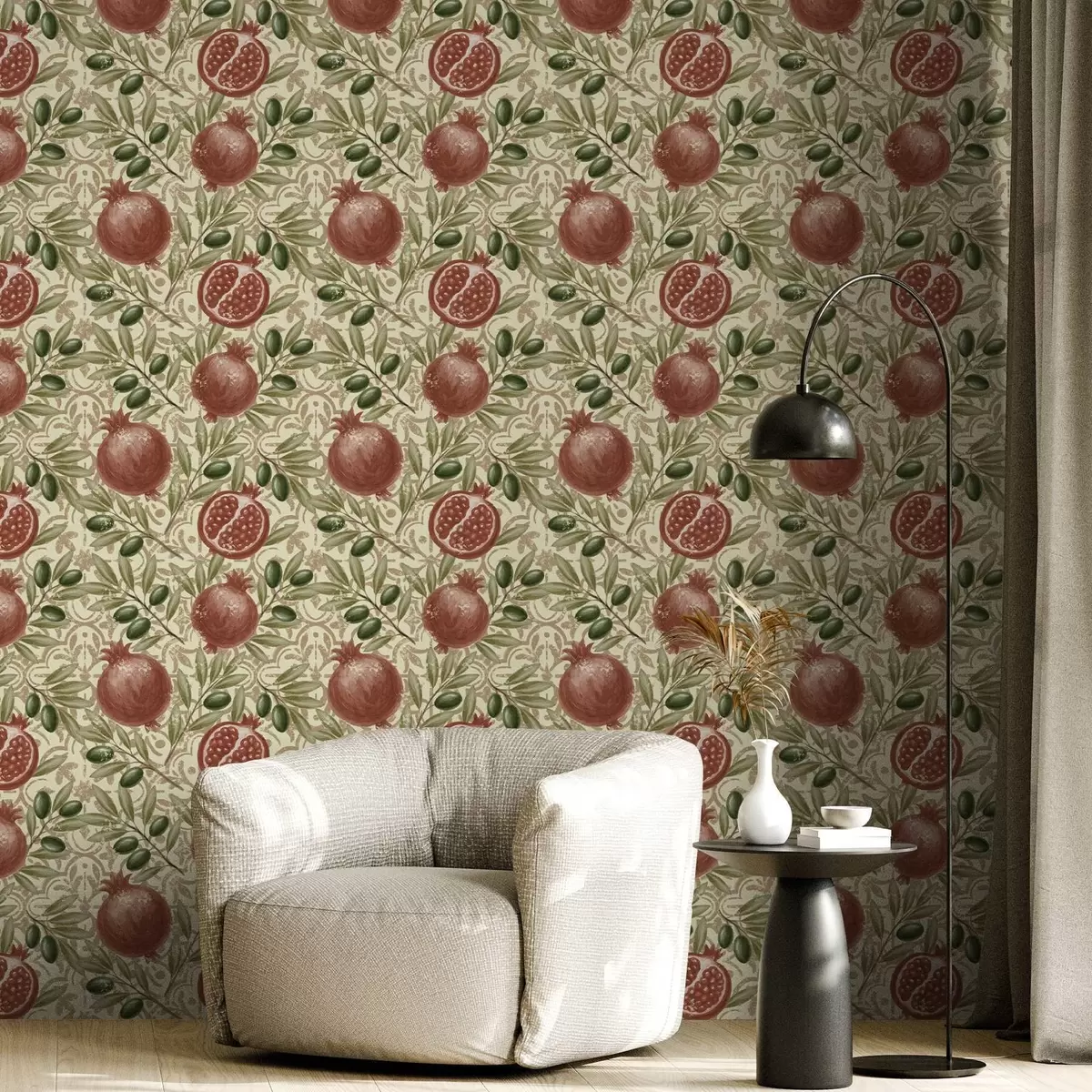 Papel pintado Granada y ramas de olivo sobre fondo ornamental a00764