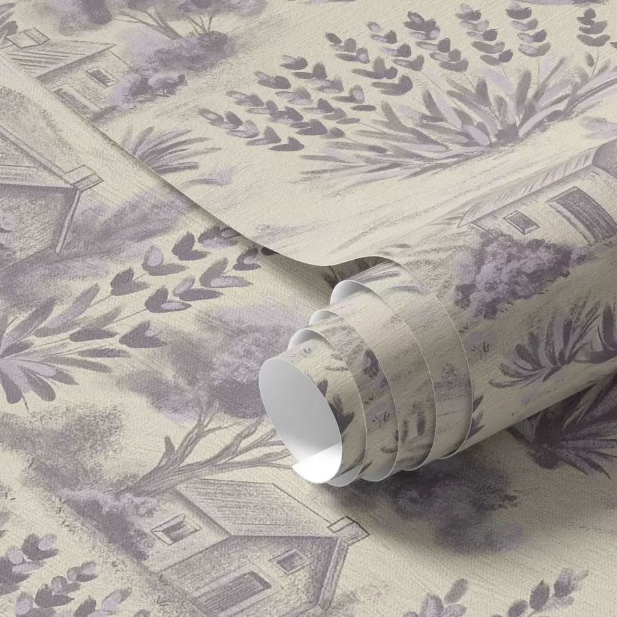 murales de pared Campos de lavanda y casas en tonos pastel a00765