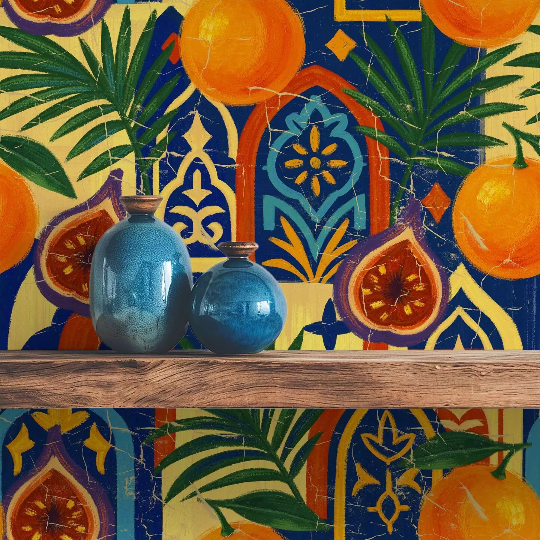 murales de pared Naranjas brillantes, hojas de palmera y arcos marroquíes a00767