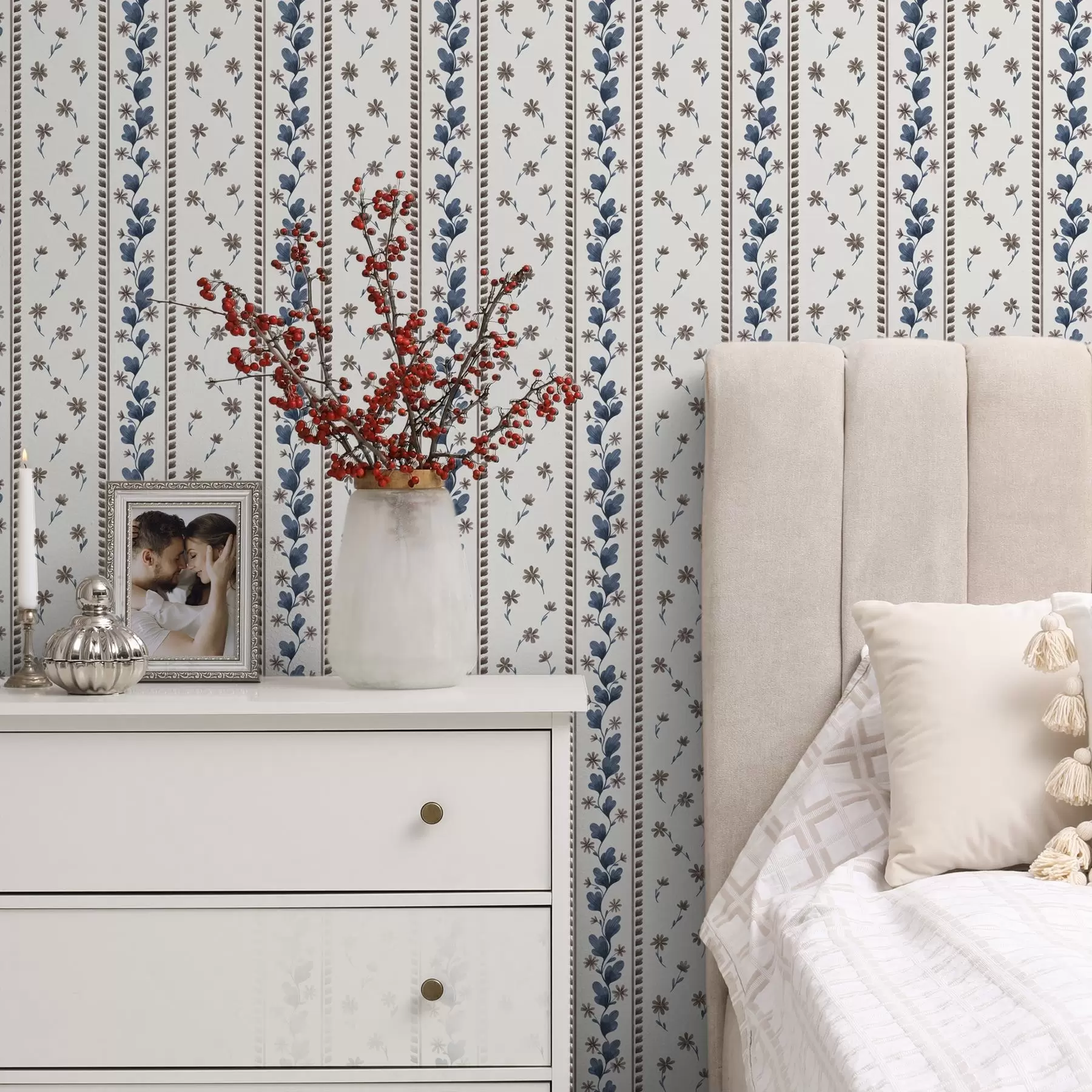 murales de pared Rayas florales verticales en tonos azul y marrón a00811v2