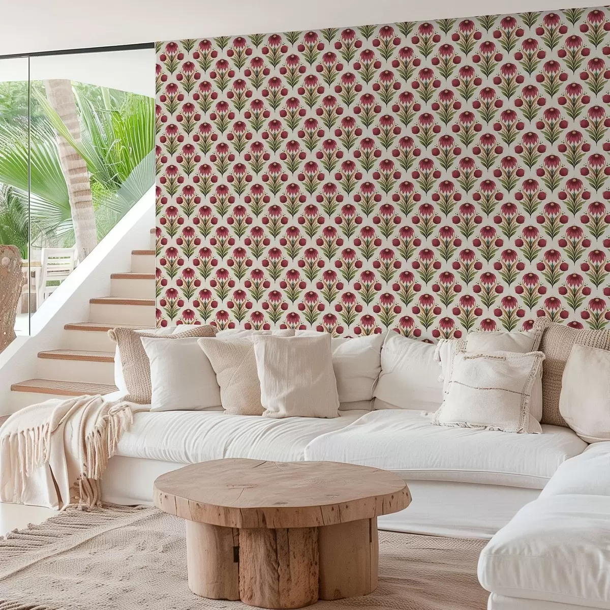 Papel pintado Adorno floral simétrico en intensos tonos rojos y verdes a00812v4