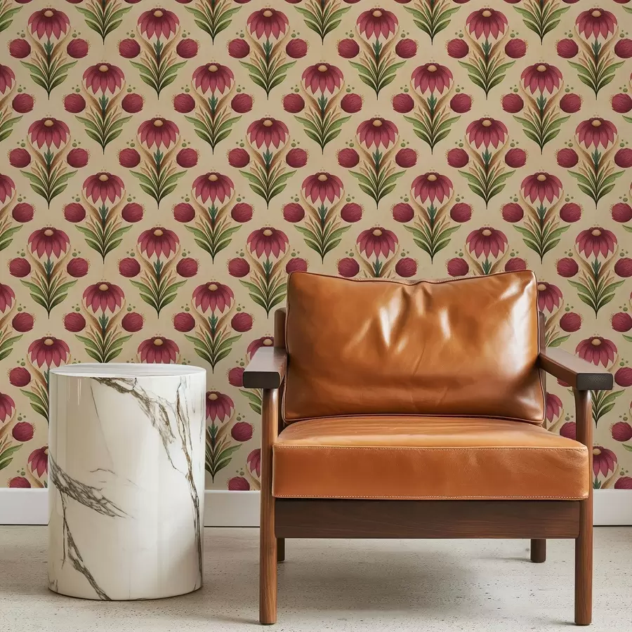 murales de pared Adorno floral simétrico sobre fondo beige cálido a00812v6