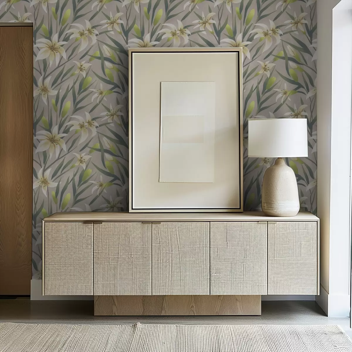 Papel pintado Lirios crema con hojas sobre fondo gris-beige a00837