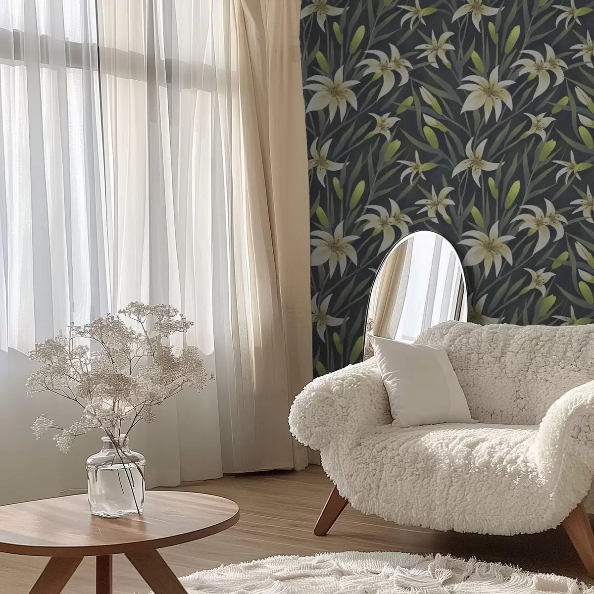 Papel pintado Lirios crema con hojas sobre fondo oscuro a00837v1