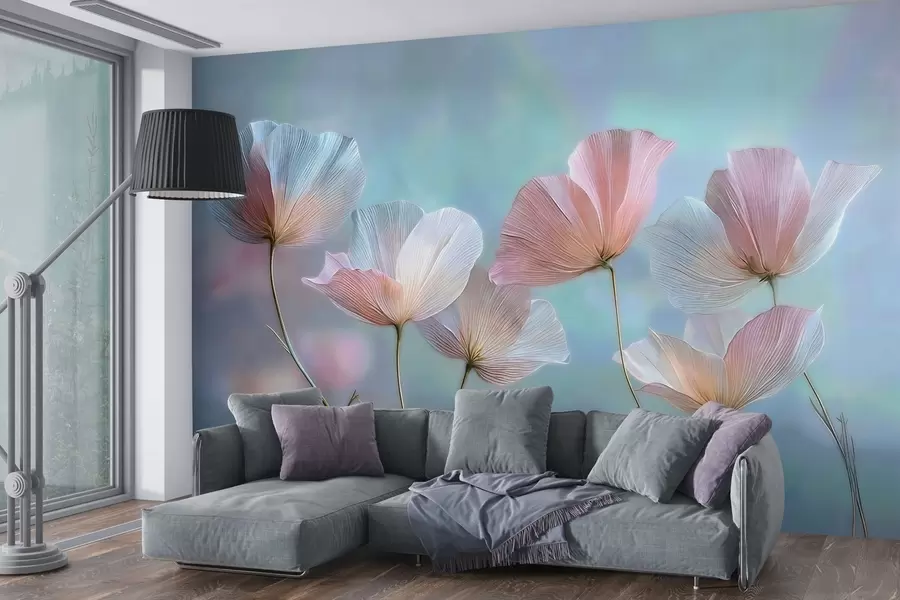 murales de pared Pétalos transparentes en tonos rosa pastel y azul w04621