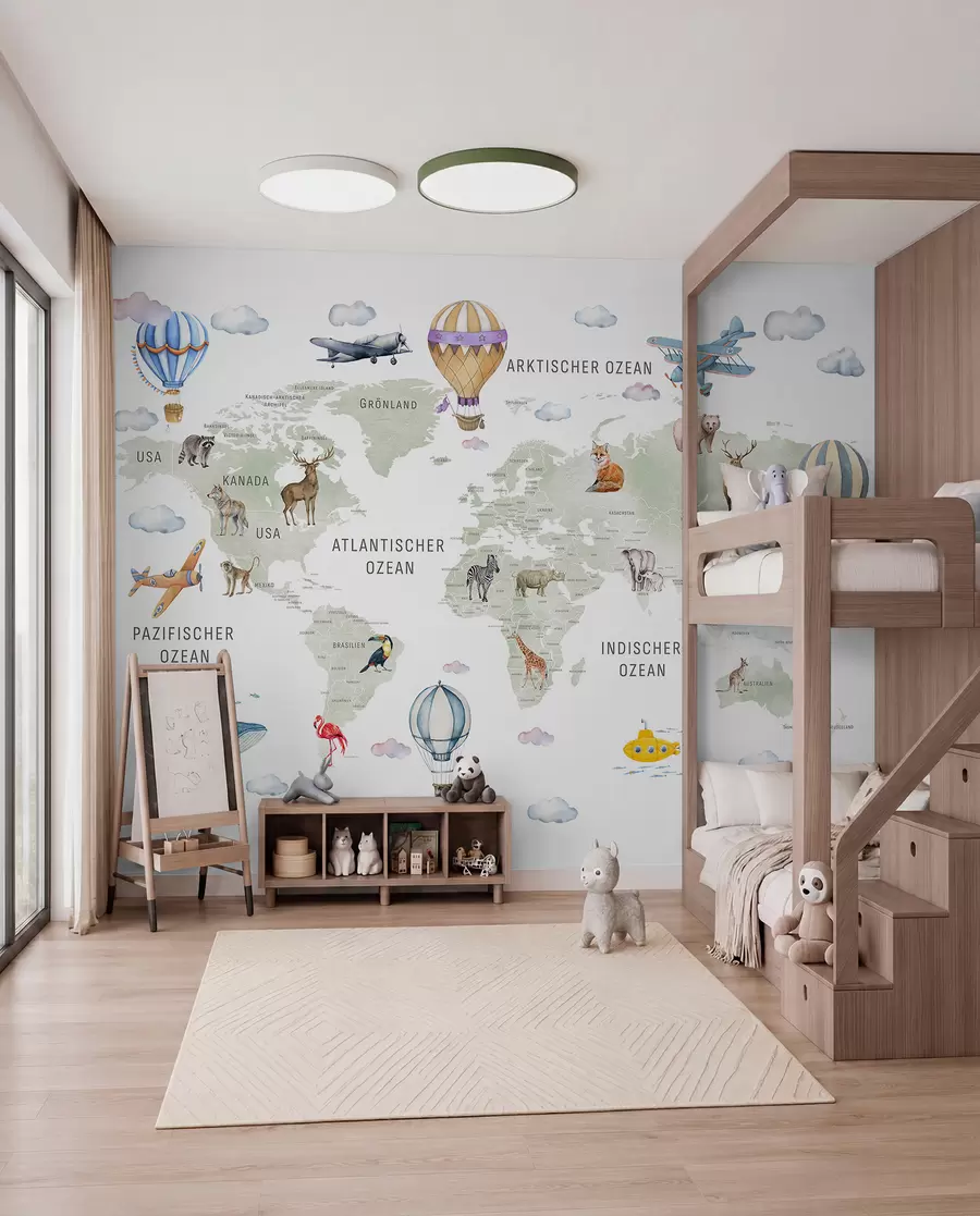 murales de pared Mapa de estilo acuarela para niños con animales y globos aerostáticos. Idioma alemán. Color verde. c00001de