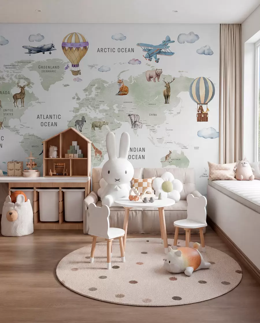 murales de pared Mapa de estilo acuarela para niños con animales y globos aerostáticos. Idioma inglés. Color verde. c00001en