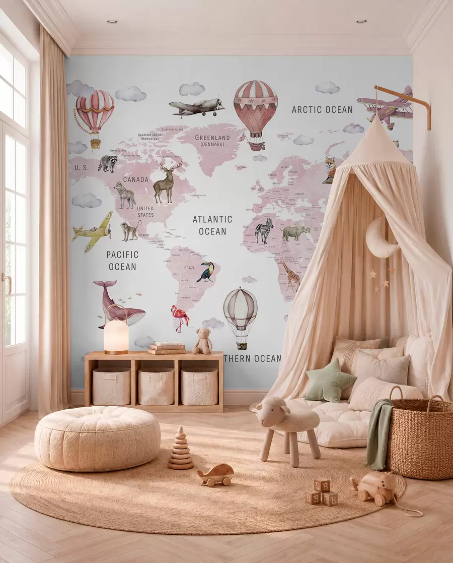 murales de pared Mapa de estilo acuarela para niños con animales y globos aerostáticos. En inglés. Rosa. c00001env3