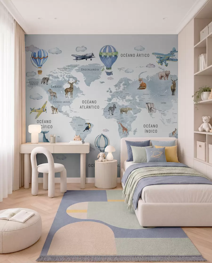 murales de pared Mapa de estilo acuarela para niños con animales y globos aerostáticos. En español. Azul. c00001esv1