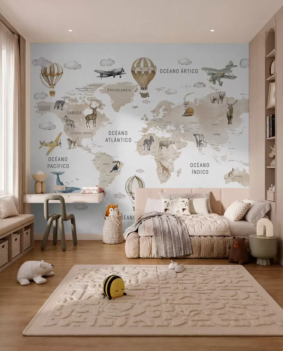 murales de pared Mapa de estilo acuarela para niños con animales y globos aerostáticos. En español. Color beige. c00001esv2
